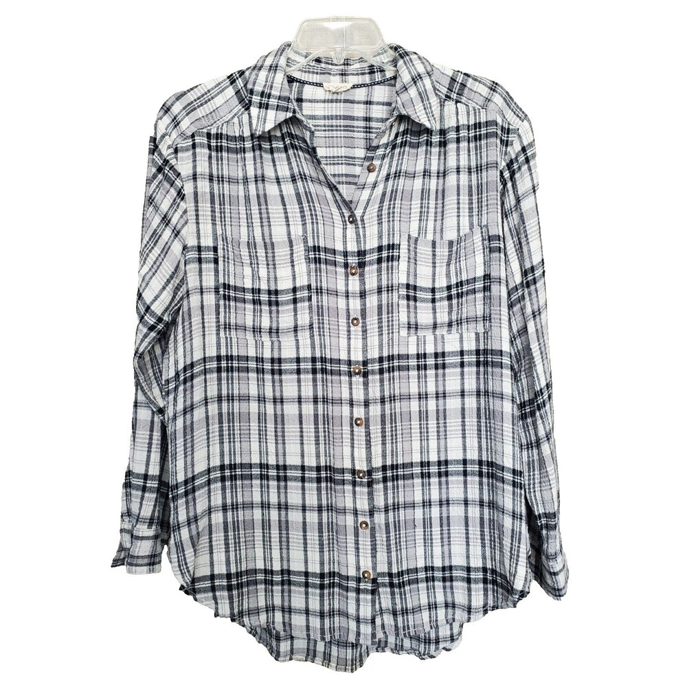 Pilcro Anthropologie Black/Gray Plaid Crinkle Button-Up Tunic Size Medium